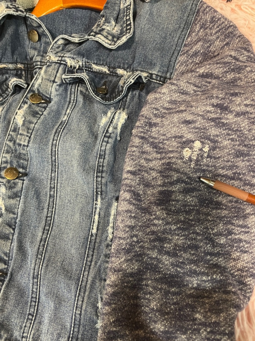 Free People Blue Denim Jacket with Heathered Gray Knit Sleeves - Picture 12 of 12